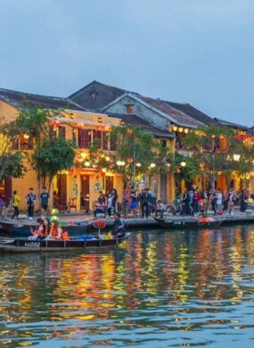 View of yellow houses next to the water in Hoi An Old Town, Vietnam