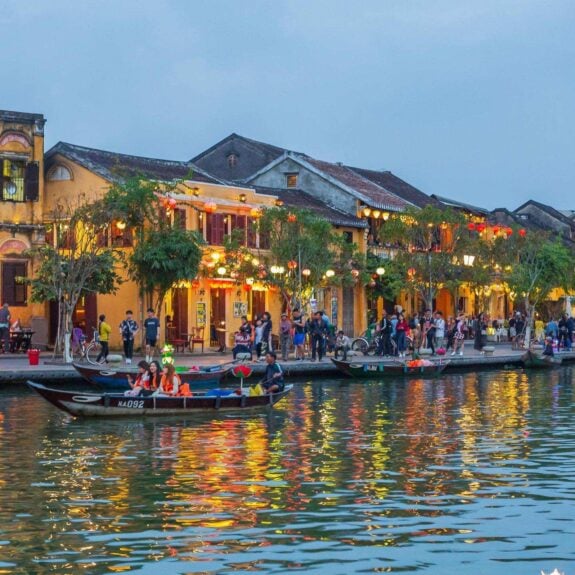 View of yellow houses next to the water in Hoi An Old Town, Vietnam