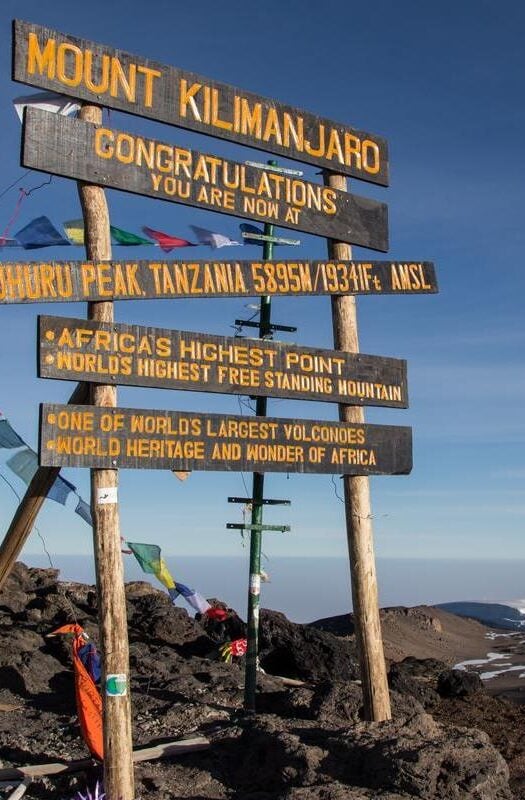 Sign on the top of Mount Kilimanjaro, Tanzania