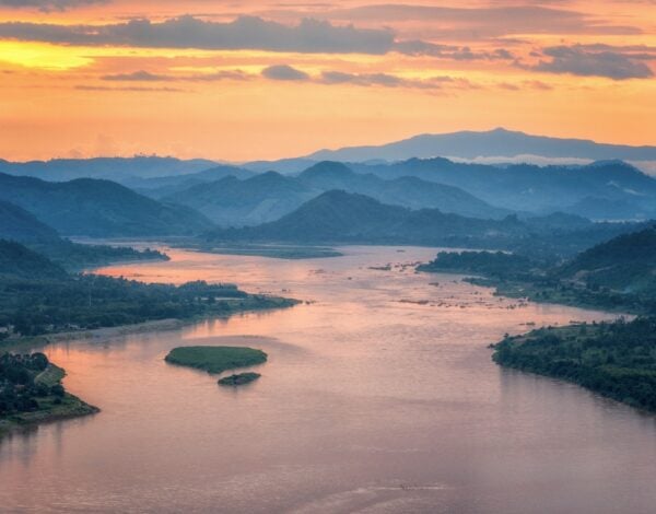 Sunset behind hill and Mekong river view at Nong Khai