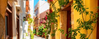 Beautiful street with colorful buildings in Chania, Crete island, Greece. Summer landscape