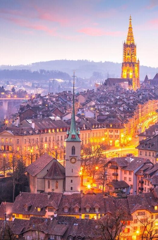 The Old Town of Bern, Switzerland, lit up at night