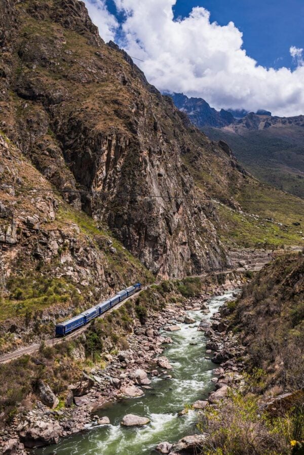 Train between Machu Picchu at Aguas Calientes and Ollantaytambo through the Sacred Valley, Cusco Region, Peru, South America