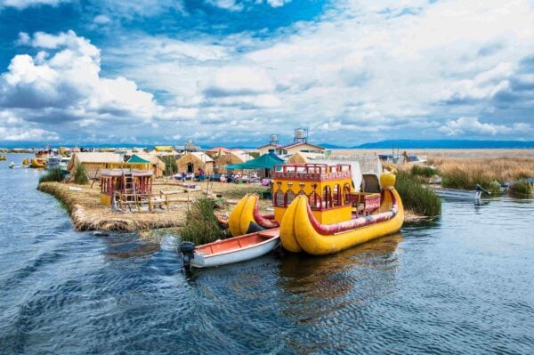 Uros floating islands on Titicaca lake in Puno, Peru, South America.