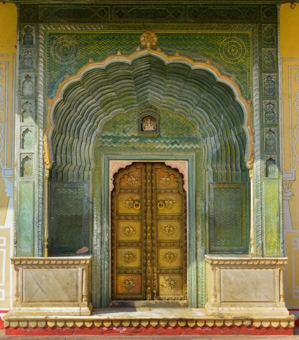 Colorful gate of Pritam Niwas Chowk of City Palace in Jaipur, India.