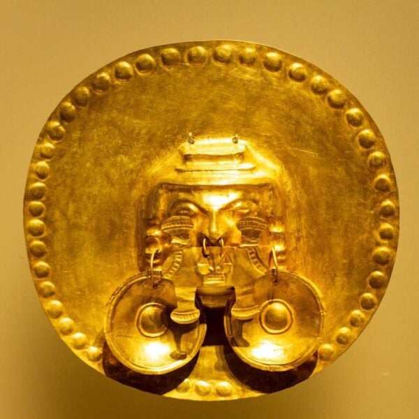 Pre-Columbian gold artifact on display in the Museo del Oro. The Museum of Gold is a museum located in Bogota, Colombia.