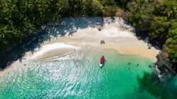 Aerial view of a beach with a small boat in the Gulf of Chiriquí, Panama