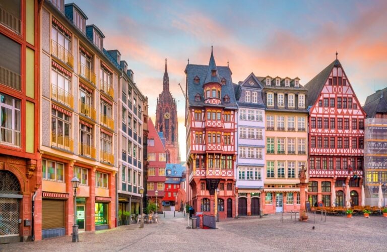 Frankfurt Old town square romerberg at twilight in Germany.