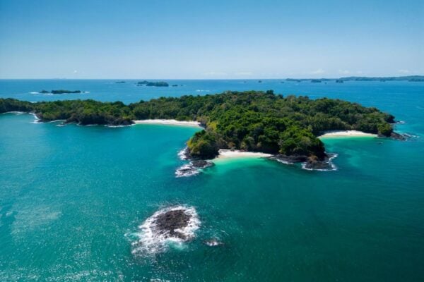 Aerial view of a private island in the Gulf of Chiriqui, Panama