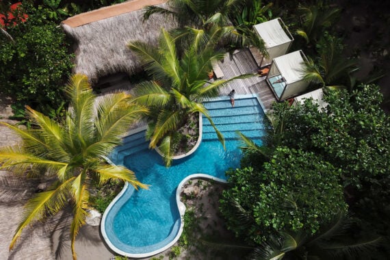 Aerial view of outdoor pool at Isla Palenque, Chiriquí, Panama