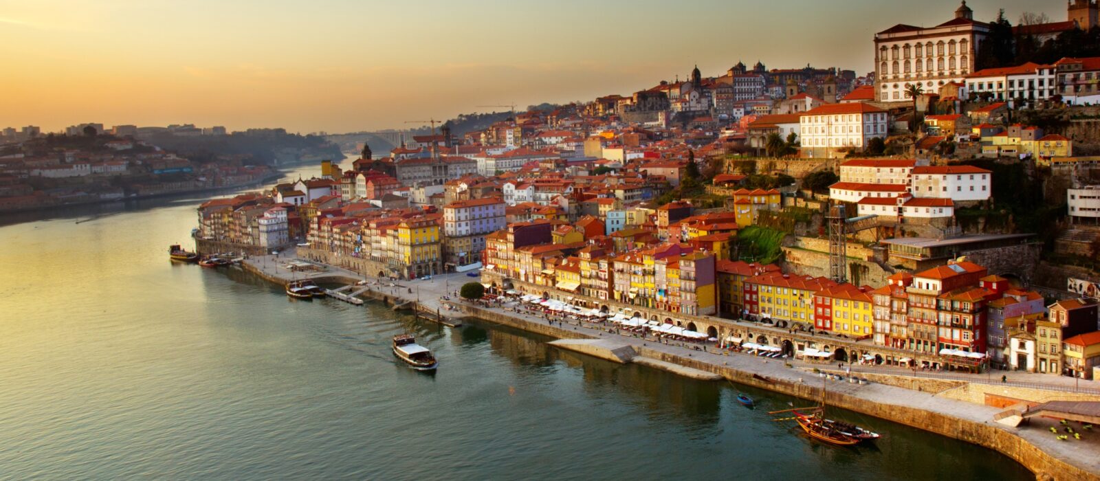 hill with old town of Porto and river Douro at sunset, Portugal