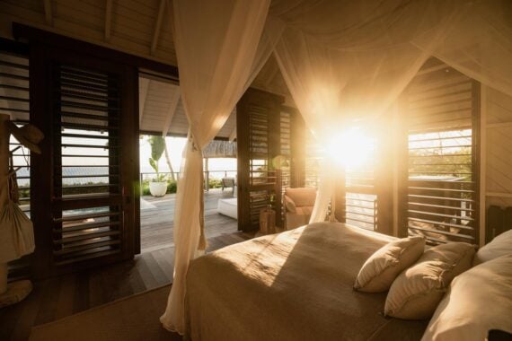 Bedroom sunset at Islas Secas private island resort, Panama