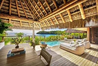 Poolside lounge area at Islas Secas private island resort, Panama