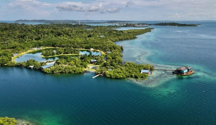 Aerial view of Sweet Bocas private island resort in Panama