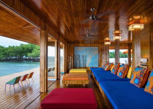 Lounge area at Sweet Bocas private island resort, Panama