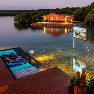 Outdoor cinema screening at Sweet Bocas private island resort, Panama