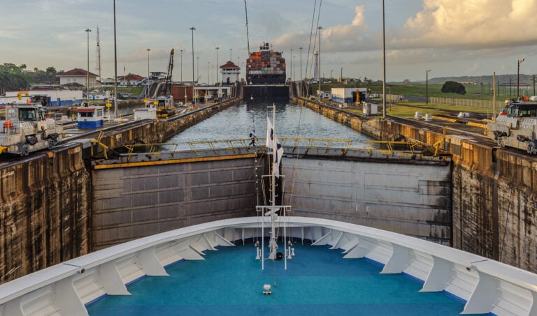 A view from the bow of a ship while transiting the Panama Canal.