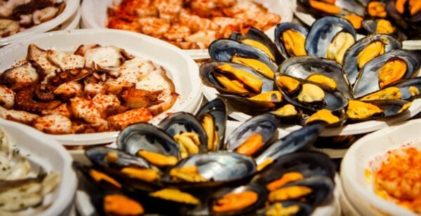 Close up view at fresh seafood on Fish Market in Madrid, Spain