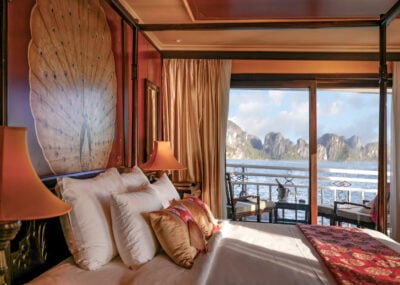 Bedroom with outdoor terrace on The Violet, Halong Bay, Vietnam