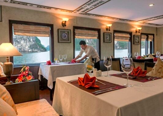 Dining room on The Violet, Halong Bay, Vietnam