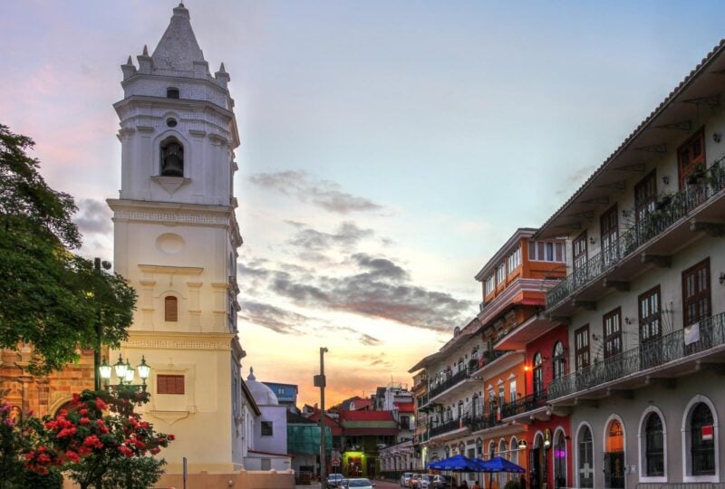 Beautiful sunset in Casco Antiguo Square with old houses and the Panama Metropolitan Cathedral, Santa Maria La Antigua.