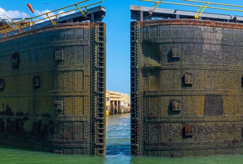 The Panama Canal gate locks of Miraflores opening