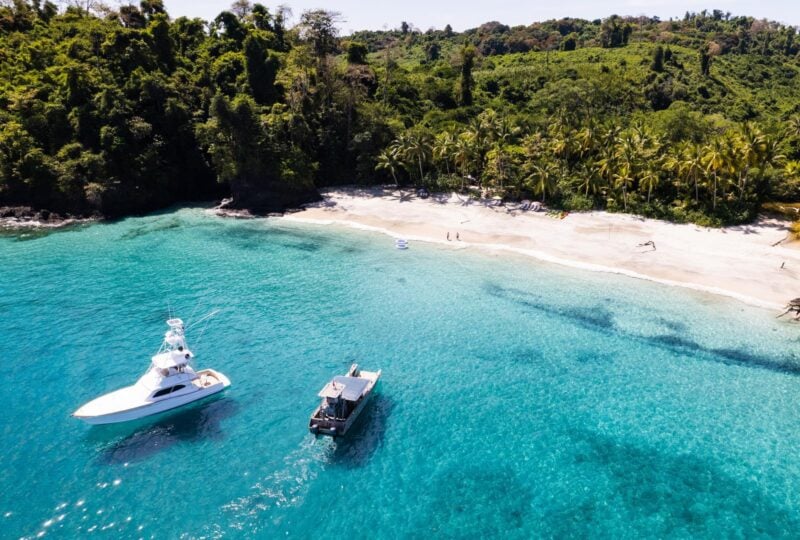 A private yacht by a beach at Islas Secas, Panama