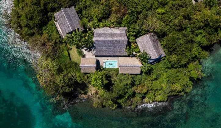 Aerial view of a villa with pool at Islas Secas resort, Panama