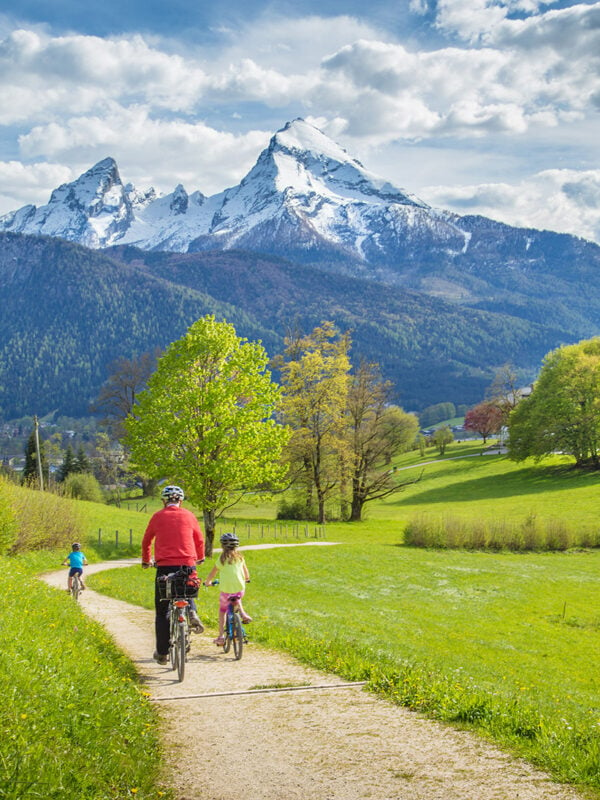 Group of cyclists biking in alpine mountain scenery in summer