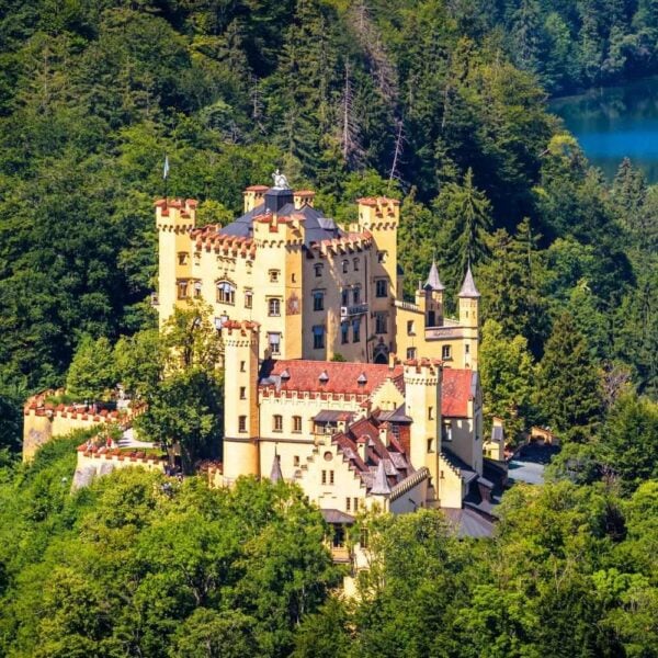 Aerial scenic view of Hohenschwangau Castle, Germany. Landscape with castle and lake in Alps.