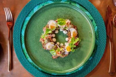 Aerial shot of food on a gren plate with a copper knife and fork set beside it. The food is arranged in a ring shape, and is a salad made with egg, thinly sliced radish and herbs