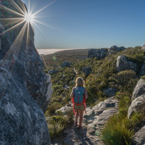 Young woman in Cape Town on top of mountain looking at view