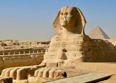 The Great Sphinx of Egypt, a large sand sculpture with the head of a man and the body of a lion