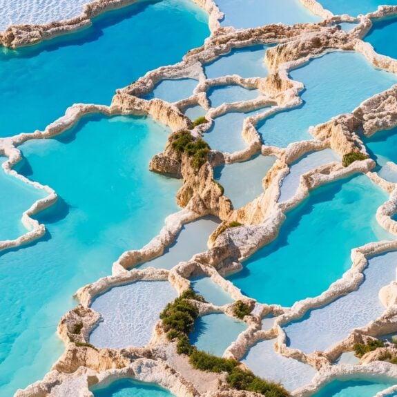 Aerial view of Pamukkale Thermal Pools, Turkey