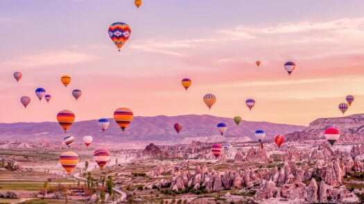 Hot air balloons at sunrise in Cappadocia, Turkey