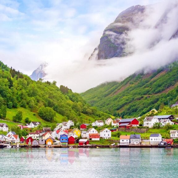 Colourful houses by the edge of a fjord in Norway