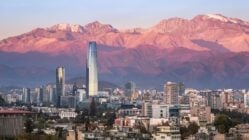 Aerial view of Santiago skyline at sunset with the Andes in the background