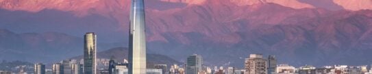 Aerial view of Santiago skyline at sunset with the Andes in the background