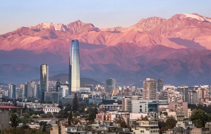 Aerial view of Santiago skyline at sunset with the Andes in the background