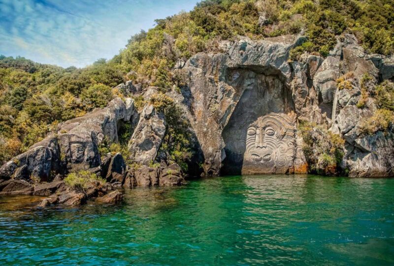 Maori rock carvings at Lake Taupo, New Zealand