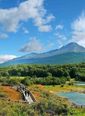 Panoramic view of Tierra del Fuego National Park, showing a volcano surrounded by green vegetation and water, against a blue sky.