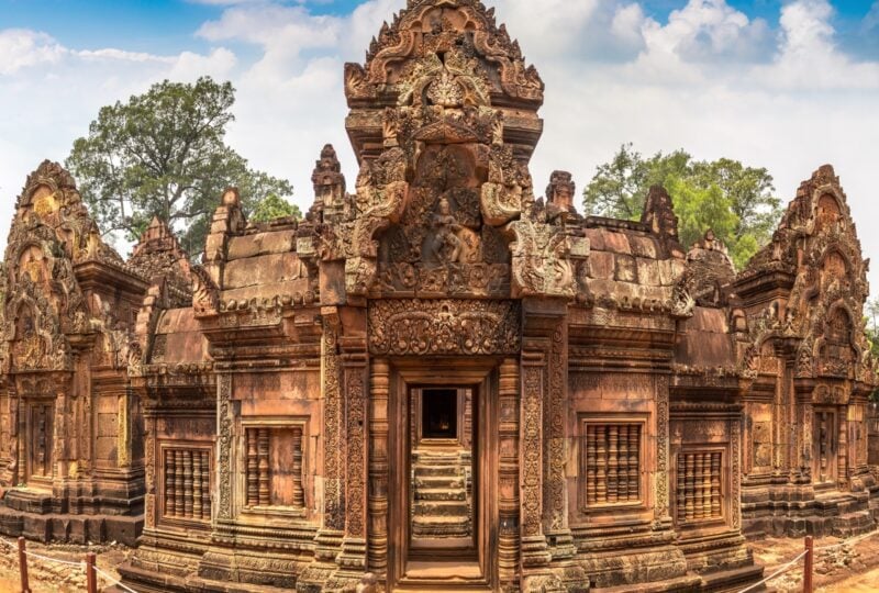 Panorama of Banteay Srei temple in complex Angkor Wat in Siem Reap, Cambodia in a summer day