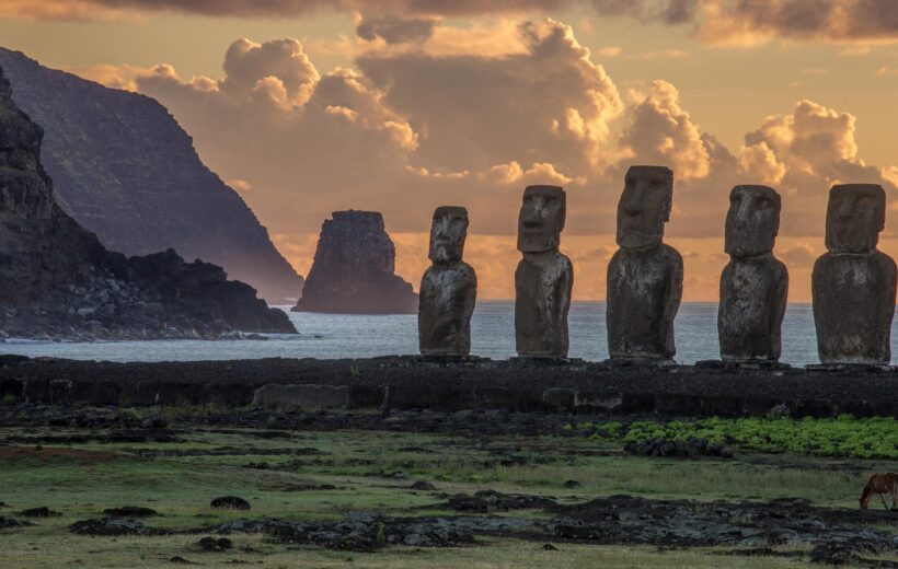 Moai statues in the Rano Raraku Volcano in Easter Island, Rapa Nui National Park, Chile