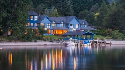 Las Balsas Gourmet Hotel and Spa at night, Villa la Angostura, Neuquen, Patagonia, Argentina