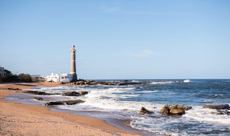 Postcard view of the beach and the lighthouse. Jose Ignacio, Maldonado, Uruguay