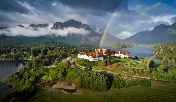 Aerial view of Llao Llao Resort in Argentina, with a rianbow