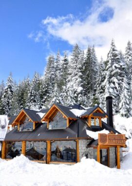 Snow covered refugio at Llao Llao Resort, Argentina