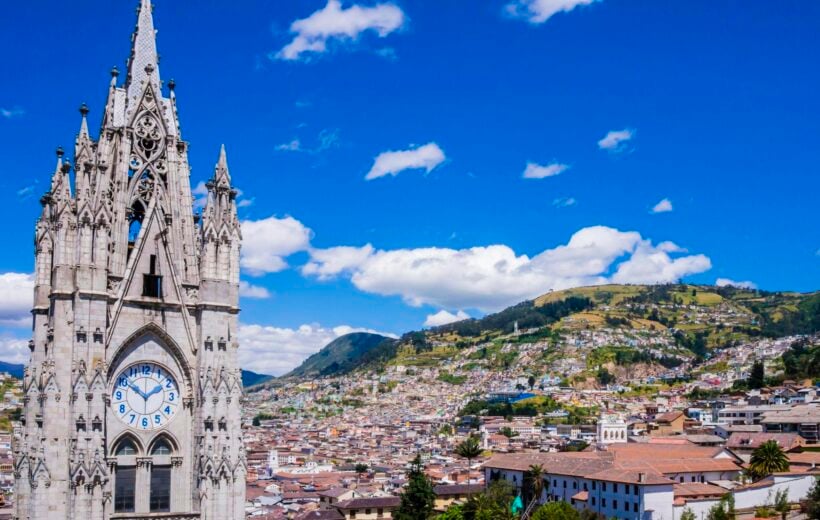 city view of Quito from gothic Basilica del Voto Nacional