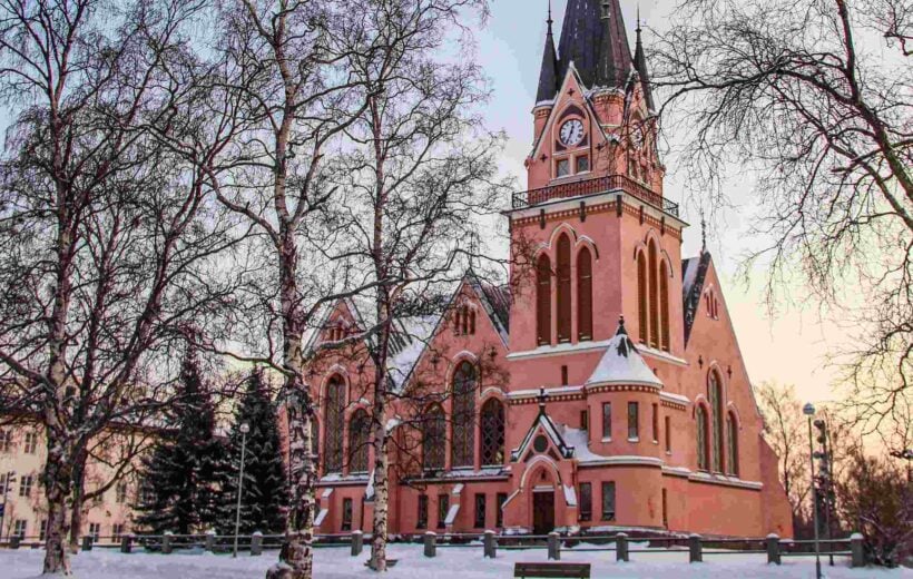 The view of the Kemi Church covered by snow in winter