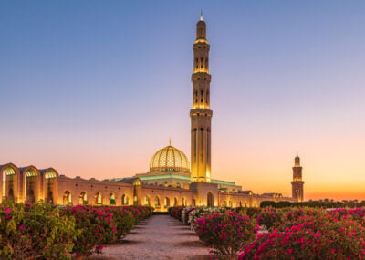 Sunset view of the Sultan Qaboos Grand Mosque in Bawshar, Muscat.